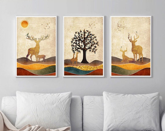 set of 3 of Nordic style Gold Deer, Minimalist Animal Abstract print, instant download, Wall Art Decor, Illustration JPG, Room Poster