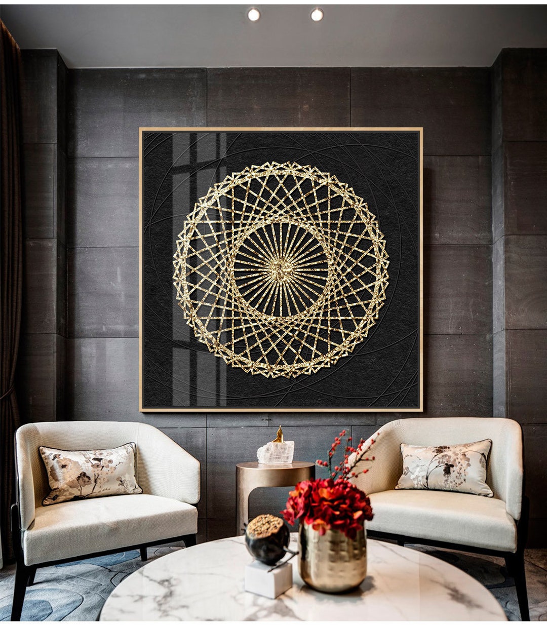 Square Wall Art Print, Monochrome Elegant Circular Pattern in Gold