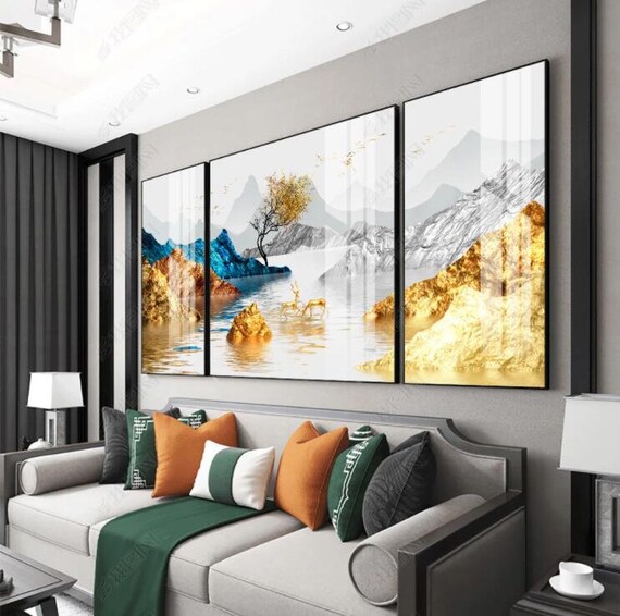 Affiche Abstraite Paysage Doré Sur Toile - Style Art Déco, Motif Abstrait, Sans Cadre