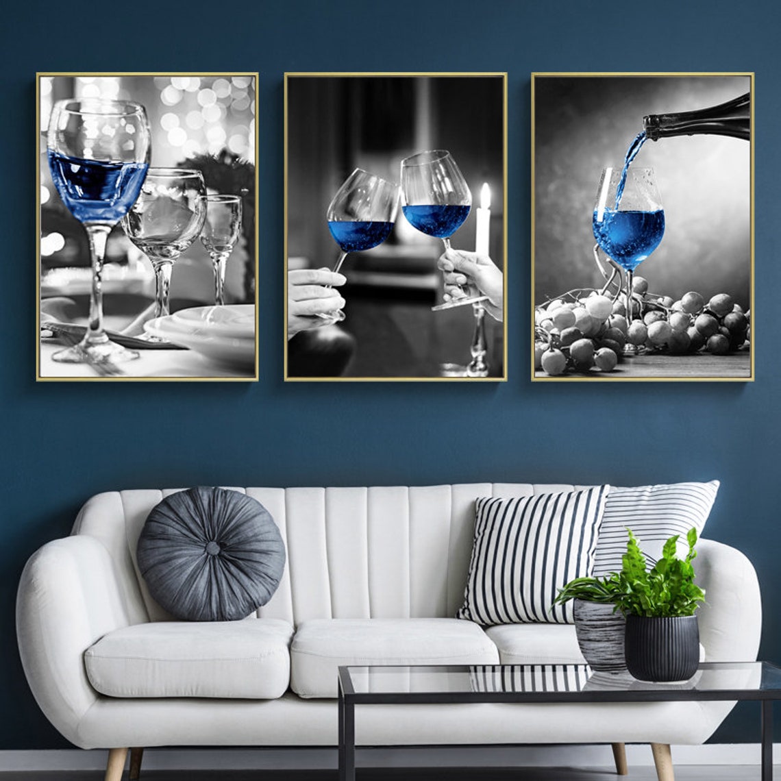 3 Pieces Wine Glass Wall Art Printable Black White & Blue Etsy