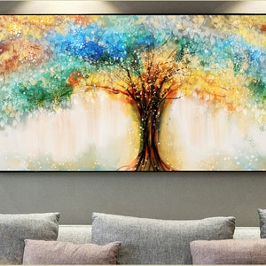 Pintura de árbol, árbol de los deseos, decoración del hogar paisaje, imagen de árbol abstracto, 180x100cm, acrílico sobre lienzo, cartel de árbol, árboles de otoño