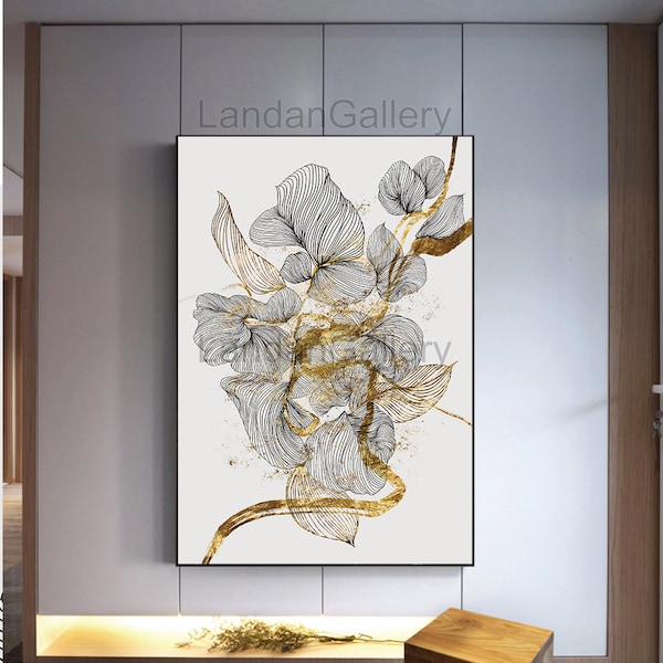 Hand painted Flower, line art, golden flower, Original innovative Chinese Modern art, luxury abstract golden flower decorative painting