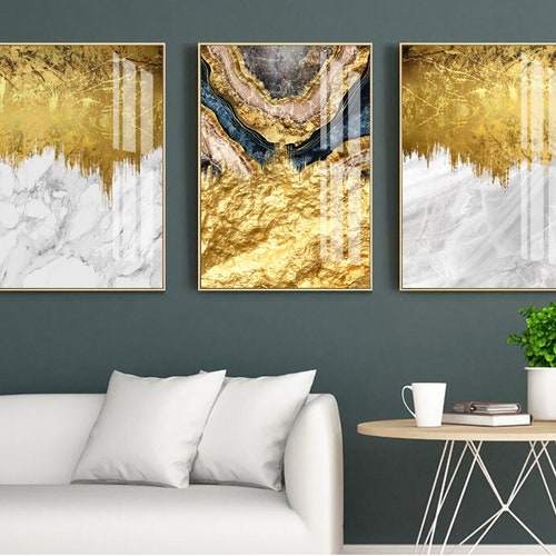 Gold Wall Art Set of 3 Abstract Gold Prints Marble Wall Art Etsy