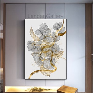 Flower wall art printable in line art with gold accents on a white background, luxury home decor, for interior designer, for hotel room