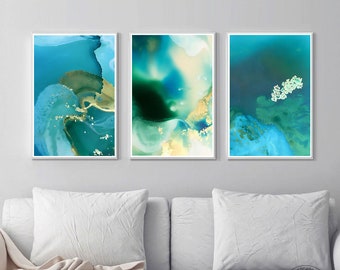 3 sets of Abstract watercolor print, seascape printable, green, blue, Navy blue art, Navy blue art, wall art, blue and white art S