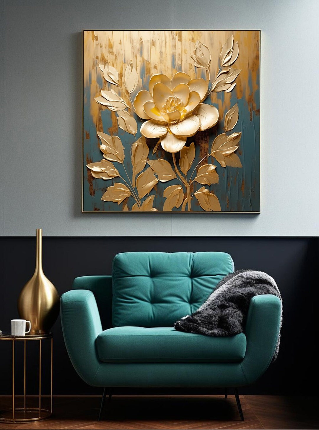 3D Gold Flower Wall Art, Floral, Modern Gold Leaf Abstract Painting