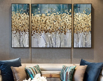 Gold foil Abstract tree art painting wall art printable for living room, Living room decoration painting restaurant dining room, home decor
