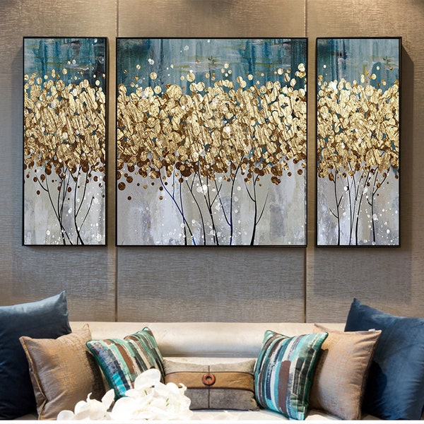 Gold foil Abstract tree art painting wall art printable for living room, Living room decoration painting restaurant dining room, home decor