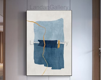 May include: Abstract art print with blue and gold paint strokes on a white background. The print features a gold line that curves through the blue shapes.