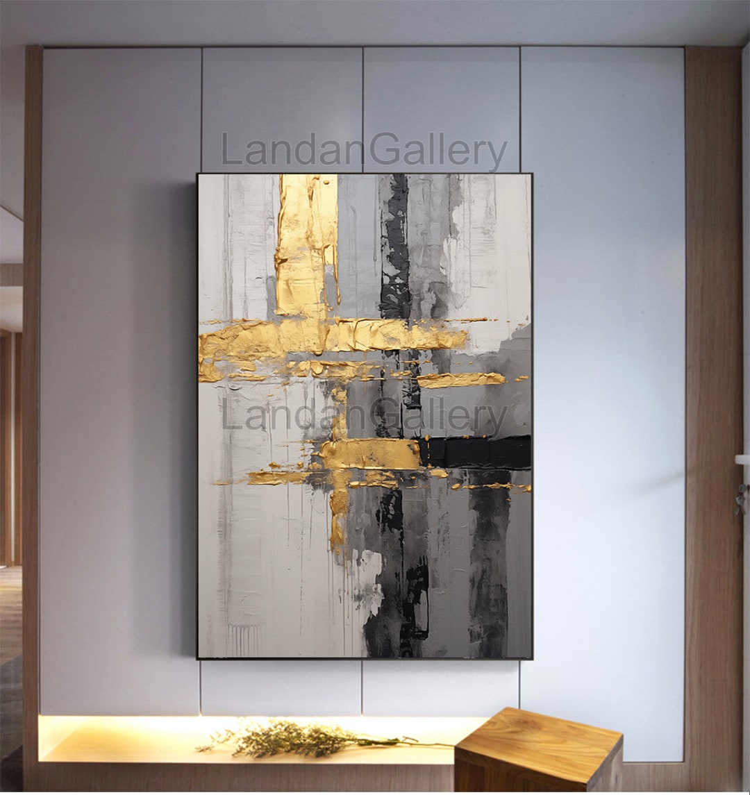 Abstract Painting With Gold and Black Accents, Home Decor, Crossed ...
