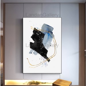 Arte em aquarela, blocos e linhas douradas, decoração vertical, design de arte de interiores, download instantâneo para impressão