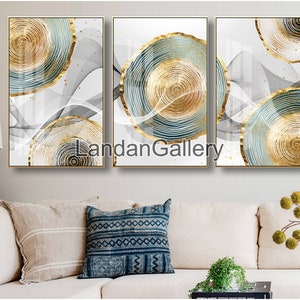 Set of 3 new Chinese modern light luxury abstract golden year round line ink and landscape triptych decorative painting, wall art digital