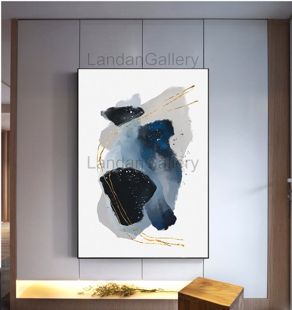 Abstract mixed colors watercolor art, gold foil lines art, Horizontal large wall art printable, 120x80cm, portrait painting, for living room