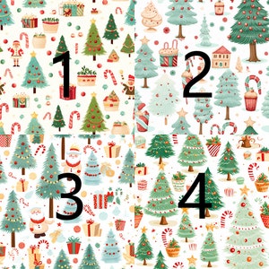 Digital Christmas pattern on white background with Christmas tree and Christmas candies and Christmas cookies and Christmas gifts and Santa