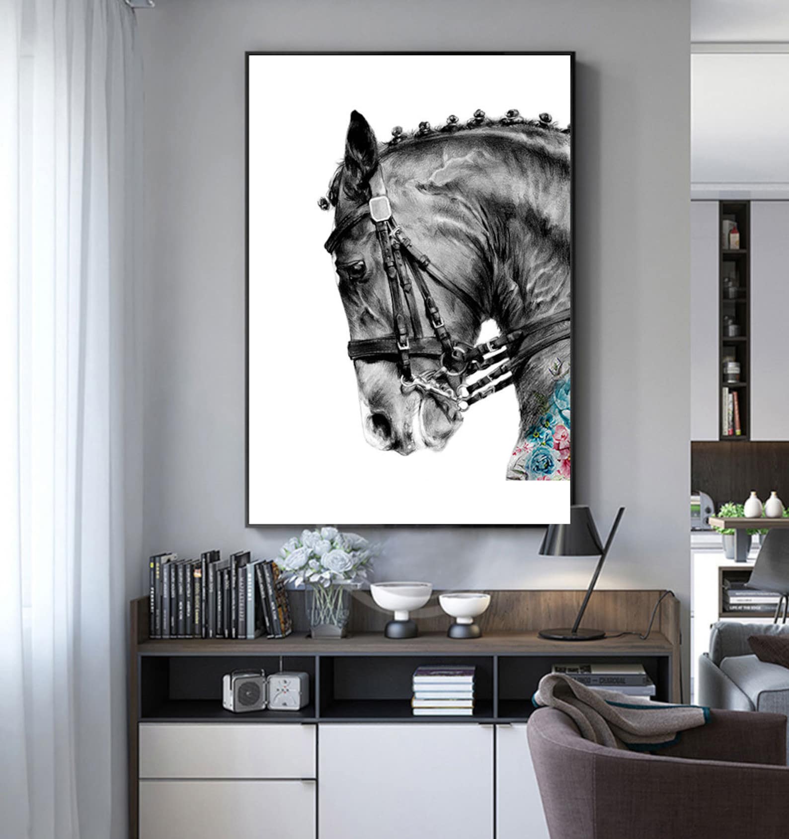 Black Horse Print Horse Portrait Andalusian Horse Flower Etsy