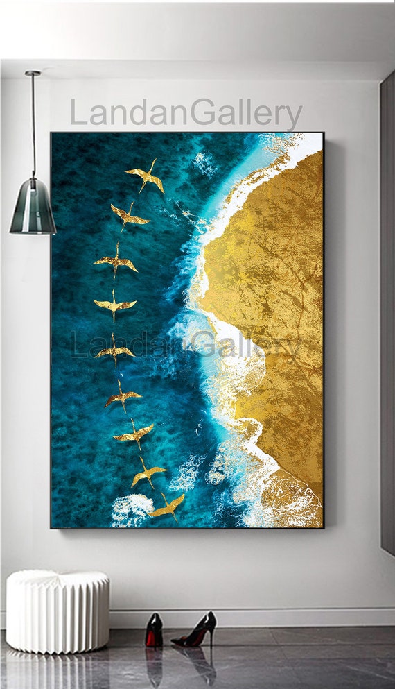 Unique Design, Beautifully Functional Resin Art, Abstract Seascape Ocean  Blue Gold Foil Art, Golden Wave, Birds Printable, Home Decoration -   Canada