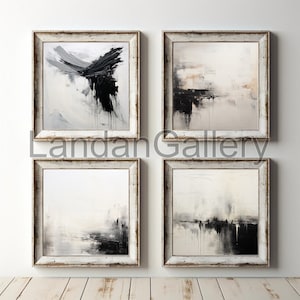 Puede incluir: Cuatro obras de arte abstractas enmarcadas. Cada obra cuadrada presenta un diseño abstracto único en blanco y negro. Los marcos son blancos con un acabado envejecido. Las obras de arte se exhiben en una pared blanca.