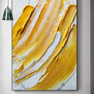 May include: Abstract painting with thick strokes of yellow and white paint on a canvas. The painting has a modern and contemporary style.