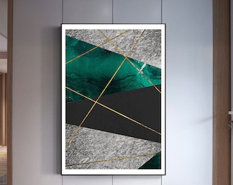 May include: Abstract art print with a green, black, and silver geometric design. Gold lines intersect the shapes, creating a modern and stylish look.