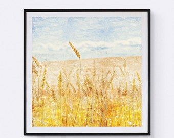 Gouden tarweveld print, tarweveld schilderij, kunst aan de muur, boerderij print, oogst print, landelijke stijl kunst, gewas veld, hooiberg print decor