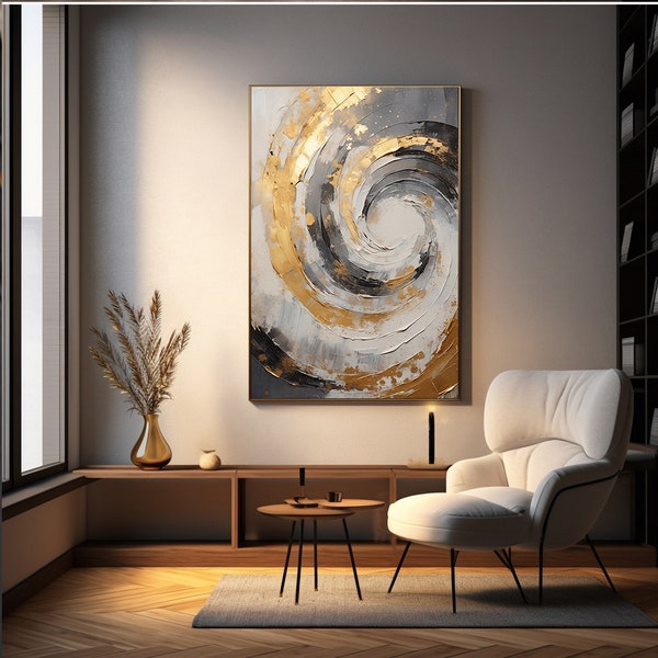 abstract painting with gold and white swirl, with a black background, spiral group, close-up intensity, light gray Wall Art Printable,