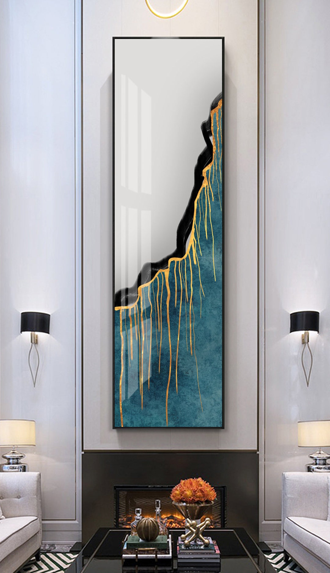 50x180cm, Printable Long Vertical Wall Art, Luxury Gold Foil Black With