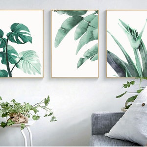 3 panels of Green Plants printable,  Tropical Leaf Print, Monstera Print, Botanical Art, Banana Leaves Print Set, Wall Art, Digital Prints