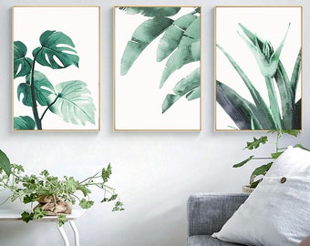 3 paneles de plantas verdes imprimibles, impresión de hojas tropicales, impresión de Monstera, arte botánico, conjunto de impresión de hojas de plátano, arte de pared, impresiones digitales