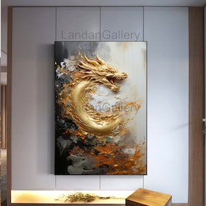 original painting on canvas of a golden dragon, in the style of li-core, broad palette knife marks, realistic oil paintings, himalayan art