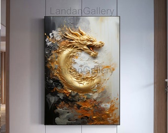 original painting on canvas of a golden dragon, in the style of li-core, broad palette knife marks, realistic oil paintings, himalayan art