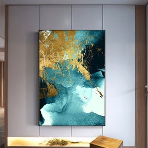 Home decor, living room, office, instant printable, Indigo Wall Art, Large Abstract gold foil printable, watercolor sea waves wall art,