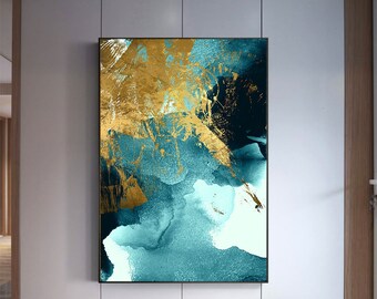 Home decor, living room, office, instant printable, Indigo Wall Art, Large Abstract gold foil printable, watercolor sea waves wall art,