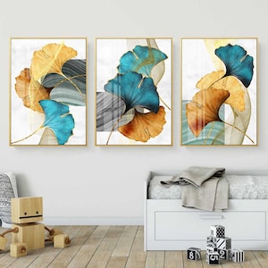 3er Set Ginkgo Baum Blätter Leinwand Druck, sofortiger Download, Blau Grün Gelb Gold Pflanzen Blatt Abstraktes Poster Nordische Wand-Kunst