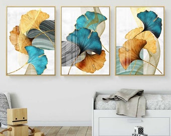 Printable,  3 sets of Ginkgo Tree Leaves canvas print, instant download, Blue Green Yellow Gold Plant Leaf Abstract Poster Nordic Wall Art
