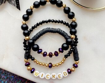 Wicked Halloween Bracelet Set, Onyx, Crystal & Gold Beads