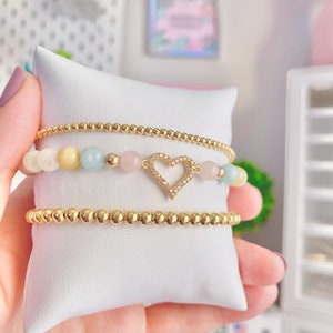 Gold Heart Bracelet, 14K Gold Filled Beaded Bracelet, Stacking Bracelet, Dainty Jewelry, Stretchy Bracelet, Women's Bracelet, Kids Bracelet image 5