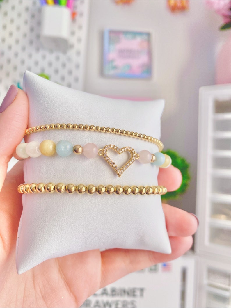 Gold Heart Bracelet, 14K Gold Filled Beaded Bracelet, Stacking Bracelet, Dainty Jewelry, Stretchy Bracelet, Women's Bracelet, Kids Bracelet image 5