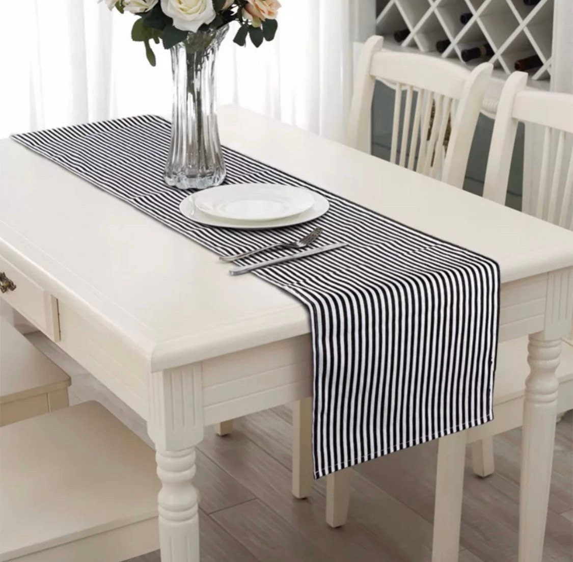 Black and white stripe table runner table centerpiece dining | Etsy