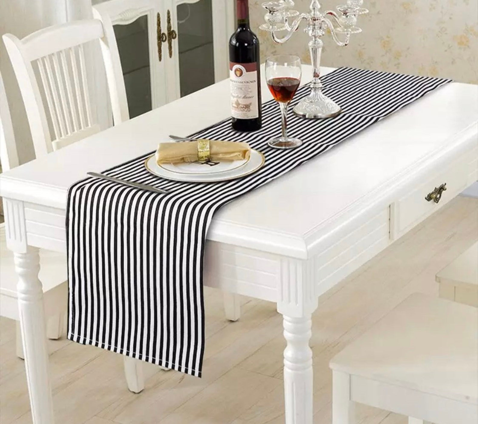 Black and white stripe table runner table centerpiece dining | Etsy