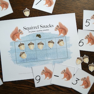 May include: A printable worksheet for kids to practice counting with a ten frame. The worksheet features a squirrel with acorns and the text "Squirrel Snacks: Ten Frame Counting Practice".