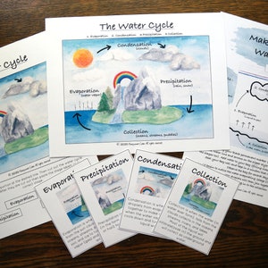 Póster, tarjetas, actividad y evaluación del ciclo del agua.