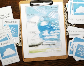 Può includere: Un set di flashcard educative per imparare i diversi tipi di nuvole. Le carte presentano illustrazioni di nuvole ad acquerello e testo che descrive le loro caratteristiche. Le carte sono etichettate con nomi come "Cirrus", "Cumulus" e "Stratus".