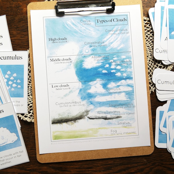 Clouds Mini-bundle - Nature studies 3-part cards, mini poster, fact cards | Homeschool Charlotte Mason Montessori