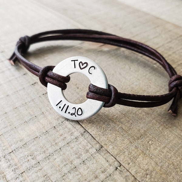 Custom bracelet-leather washer bracelet-personalized men's leather bracelet-valentines day gift boyfriend-couples initial bracelet