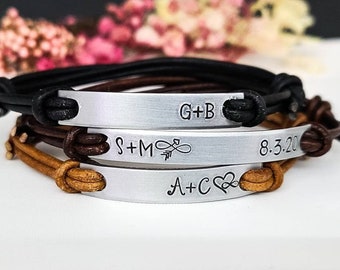 Personalisierte Leder paar Armband - Anfangsdatum Aluminium Bar