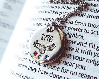 1776 necklace-Patriotic Necklace-Red White Blue Necklace-Flag Necklace-Pewter jewelry-Eagle Flag-Patriotic Gifts-Conservative gift