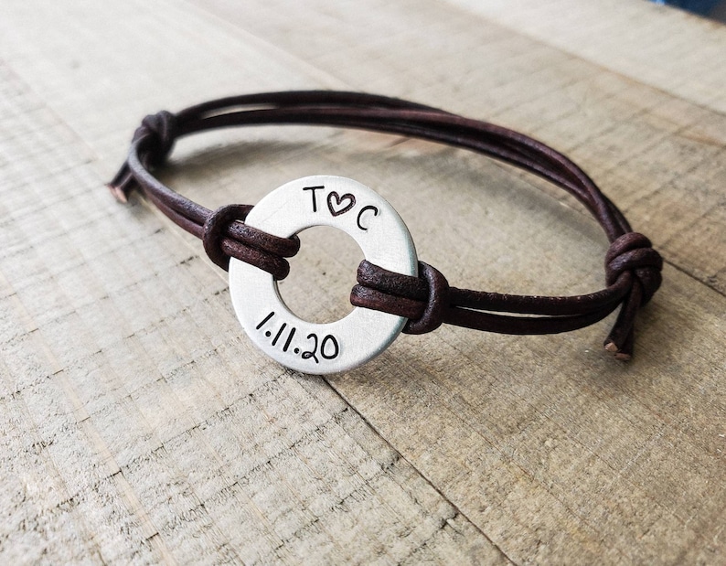 Custom bracelet-leather washer bracelet-personalized men's leather bracelet-valentines day gift boyfriend-couples initial bracelet image 1