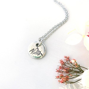 Handstamped Mountain Necklace – Pewter Pendant for Hikers, Campers & Outdoor Lovers | Minimalist Adventure Jewelry