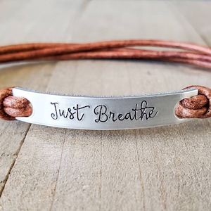 Custom Hand Stamped Bracelet • Personalized Leather Bracelet with Aluminum Bar • Inspirational Gift • Adjustable Bracelet for Him or Her