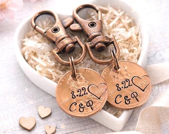 Hand Stamped Penny Keychain: Personalized Anniversary Gift, Couples Keychain, Copper Anniversary
